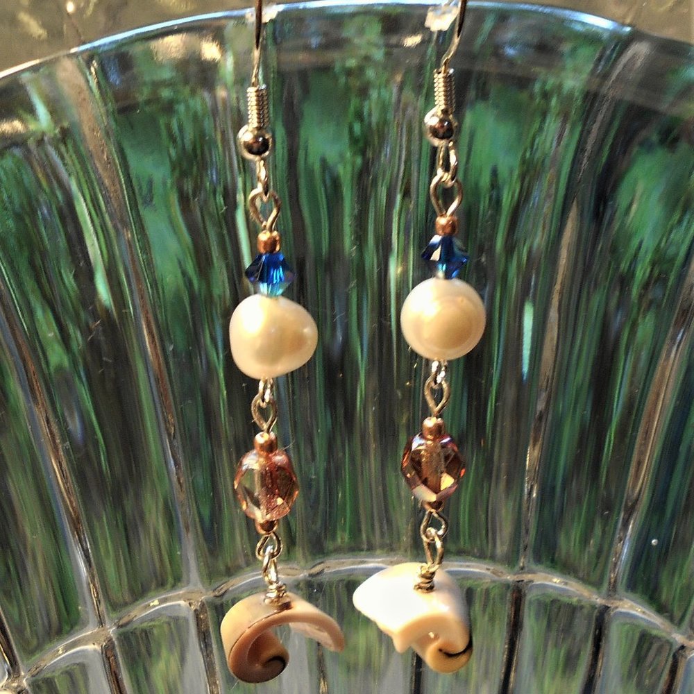 earrings freshwater pearls and shells, glass beads